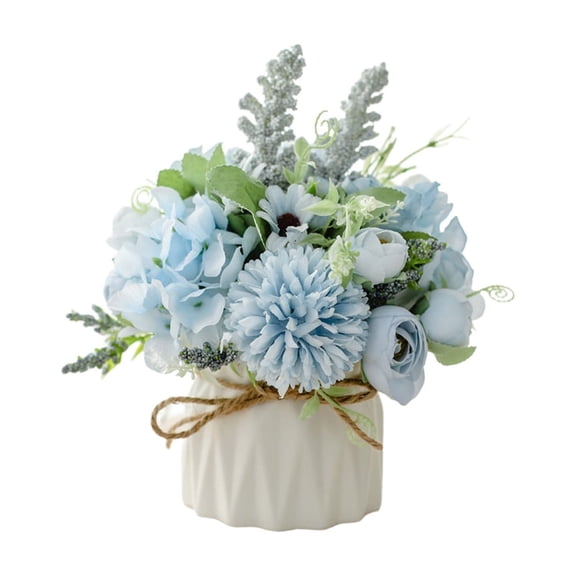 DAMAI Artificial Flowers in Pot,Artificial Silk Flowers Set,Ceramic Hemp Rope Vase for Desk Decorations, Flower Centerpieces for Tables(Sky Blue)