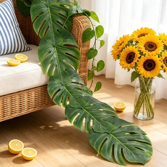 DAMAI Artificial Monstera Leaf Table Runner,Fake Tropical Leaf Garland,Green Tabletop Decor For Hawaiian Party Wedding Home Kitchen Farmhouse Desktop Ornament