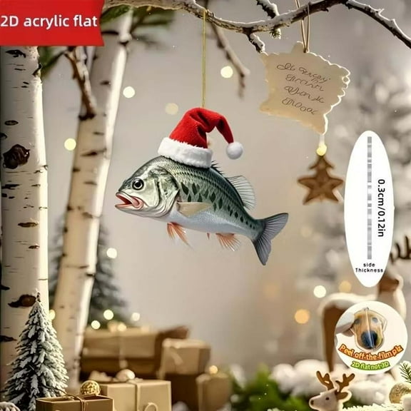 DAMAI Bass Fish Christmas Tree Keepsake Ornaments, Fishing Themed 2 Side Printed Flat Acrylic Ornament , Animal Xmas Hanging Decor Gift