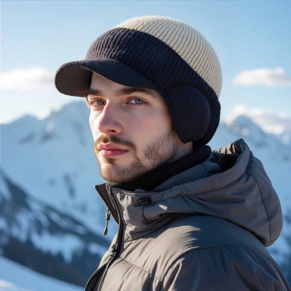 DAMAI Beanie Knitted Hat with Brim and Ear Flaps, Winter Hat with Brim and Earflaps Woolen Waterproof Wide-Brim Earflap Hat, 3 in 1 Beanie Hat, Elastic Warm Ear Protection Knitted Hat