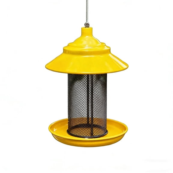 DAMAI Bird Feeders for Outdoors Squirrel Proof Metal Tube Finch Feeder, Yellow Metal Mesh Feeder with Weather Guard & Tray, Easy Top Fill for Wild Birds, Garden Hanging Feeder