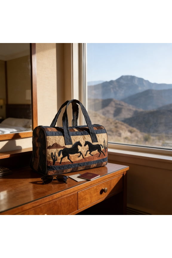 Black Horse Quilted Duffle Bag, Retro Bohemian Style Large Capacity Quilted Duffle Bag, Premium Cotton-Poly Blend Tote for Travel, Gym, Beach & Weekend Getaway, 2 Sizes (Medium & Large)