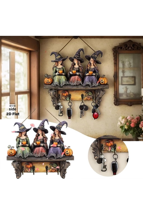 Bohemian Halloween Witch Wooden Wall Hanging, Key Holder with Orange Witch Hand for Farmhouse Entryway Decor & Seasonal Home Ornament, Halloween Witch Hand Key Stand