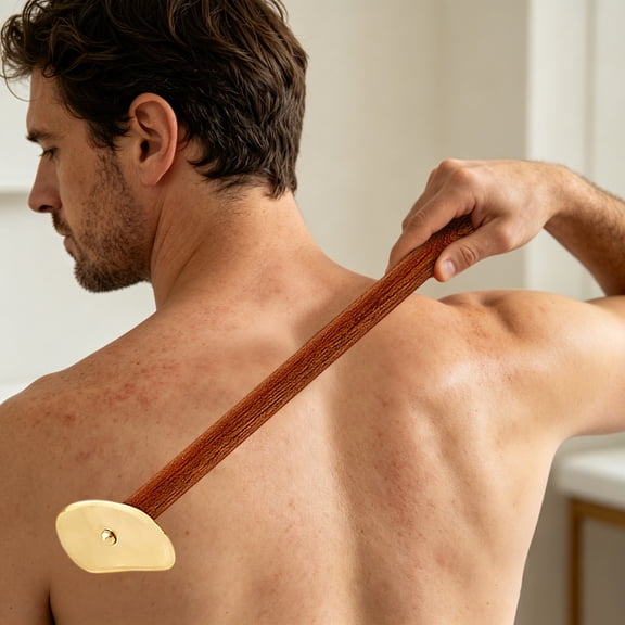 DAMAI Brass Gua Sha Board,Red Pear Wood Brass Tai Chi Back Scraper with Long Handle,Back ScraperPortable Massage Tool For Arms Legs Back Neck Shoulder Home & Spa Body Relaxation Use