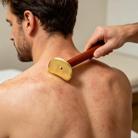 DAMAI Brass Gua Sha Board,Red Pear Wood Brass Tai Chi Back Scraper with Long Handle,Back ScraperPortable Massage Tool For Arms Legs Back Neck Shoulder Home & Spa Body Relaxation Use