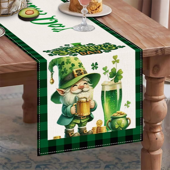 DAMAI Buffalo Plaid Gnomes Green Heart Table Runner 13x72 Inch St. Patrick's Day Kitchen Dinning Table Decoration for Bedroom Kitchen Home Party Dining Tables Decor Lucky Leaves Green Plaid