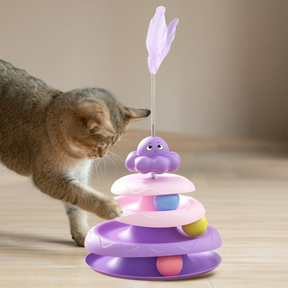 DAMAI Cat Ball Track Tower 3 Layers Turntable Cat Track Toy with Moving Balls Feathers, Multi-layer Track Ball Cat Toy, Cat Self Fun Puzzle Toy Turntable, Natural Feather Cat Teasing Stick,Purple