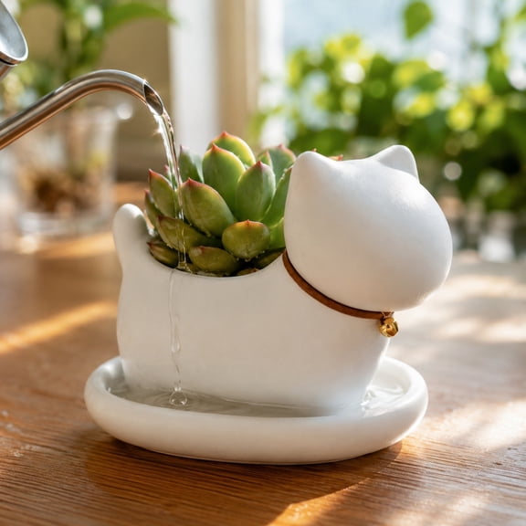 DAMAI Cat Shaped Succulent Planter, Cute White Ceramic Cat Flower Pot with Drainage Hole & Kawaii Design, Small Animal Planter for Desk Indoor Plants Cactus Holder Home Office Shelf Decor