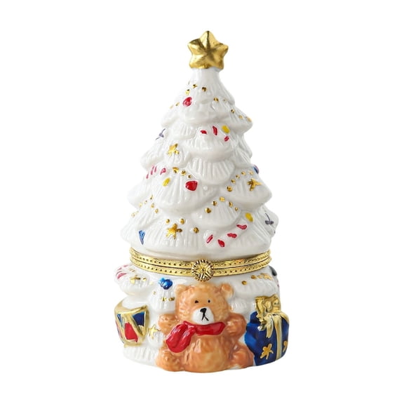 DAMAI Ceramic Christmas Tree Jewelry Trinket Box, HandPainted Bear Gift Pattern Storage Box, Decorative Keepsake Box For Rings Earrings Tabletop Mantel Holiday Home Decor