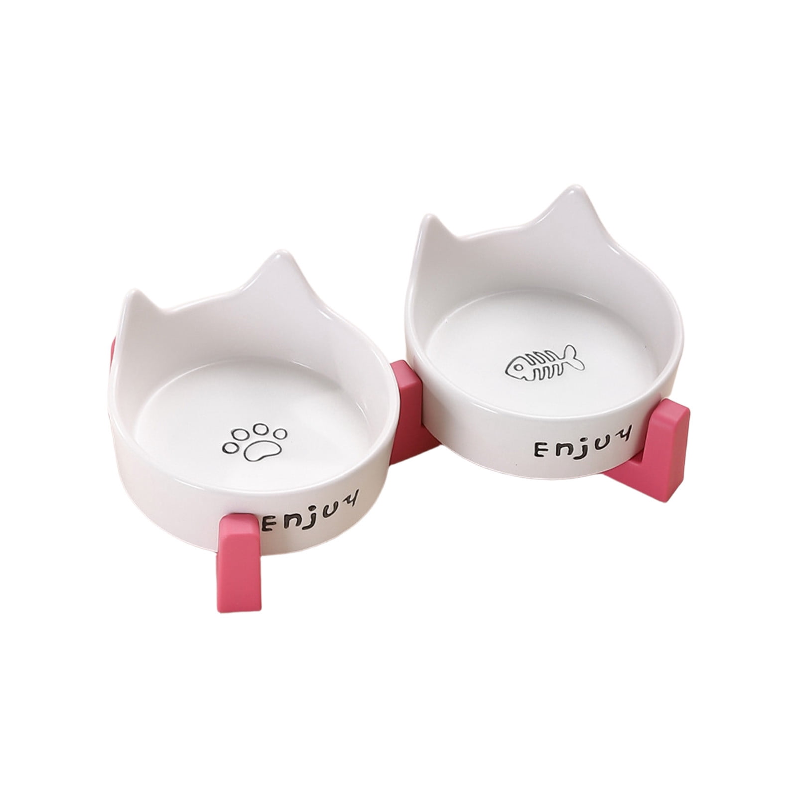 DAMAI Ceramic Dog and Cat Bowl Set with Wooden Stand Non-Slip Matte Glaze Weighted Food Water Cute Raised Feeder for Cats & Dogs, Spill-Proof Feeding Bowls,White