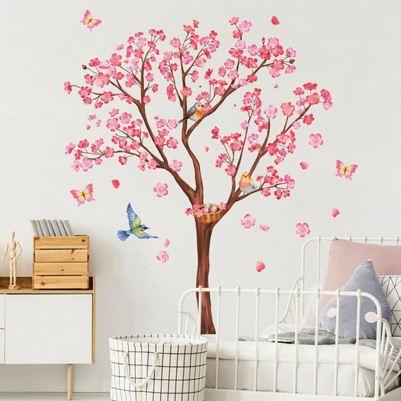 DAMAI Cherry Blossom Wall Decal with Birds,Self-Adhesive Nursery Wall Sticker,Pink Flower Birds Branch Wall Stickers,Removable Pink Flower Vinyl Art for Bedroom