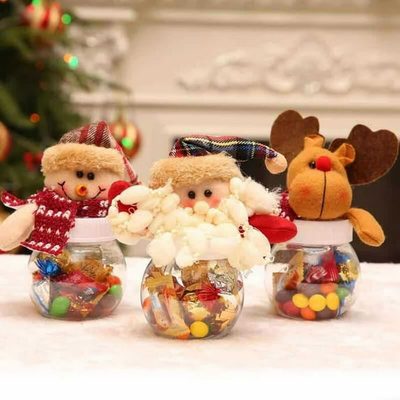 DAMAI Christmas Candy Jars with Snowman Santa Elk Lid, 5.9 Inch Plastic Candy Cookie Jar Containers, Christmas Snack Food Storage Container for Gifts Holiday Party Favor Supplies