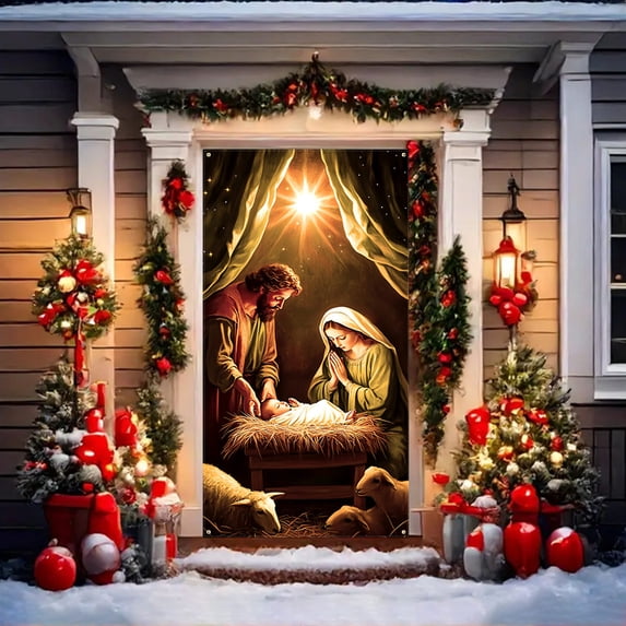 DAMAI Christmas Door Cover Decorations,Jesus Nativity Scene Christmas Fabric Door Decoration,Religious Xmas Scene Sheep Front Door Cover Banner Backdrop for Holiday Farmhouse Decor