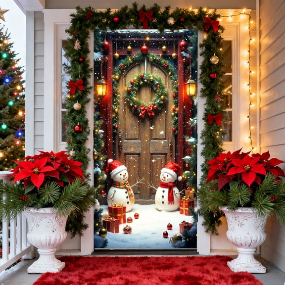 DAMAI Christmas Door Cover Xmas Banner, 70.8 x 35.4 inch Hanging Front Door Cover Christmas Decor Backdrop Hanging Banner for New Year Party Winter Holidays Xmas Decorations