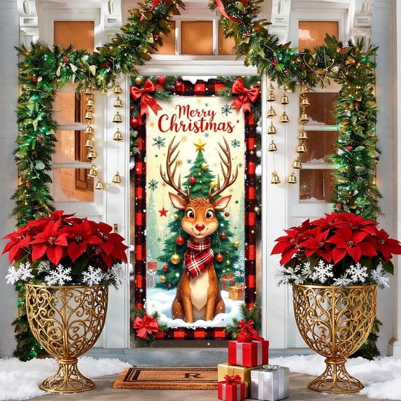 DAMAI Christmas Door Cover Xmas Banner, 70.8 x 35.4 inch Hanging Front Door Cover Christmas Decor Backdrop Hanging Banner for New Year Party Winter Holidays Xmas Decorations