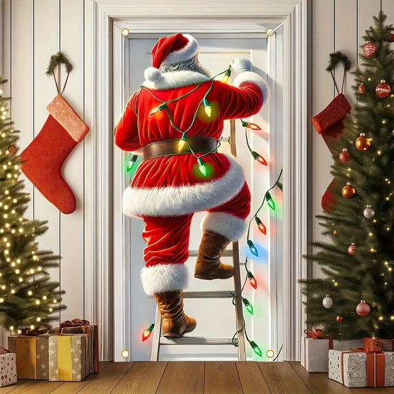 DAMAI Christmas Elf Door Cover 71x35 Inch Front Door Banner for Outdoor Indoor Decorations Large Holiday Wreath Backdrop with Striped Legs Candy Cane Accents Green Red Bow Party Decor