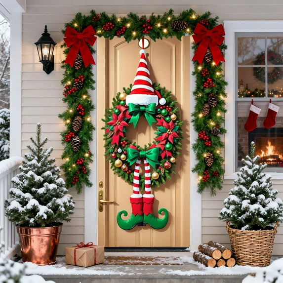DAMAI Christmas Elf Door Cover 71x35 Inch Front Door Banner for Outdoor Indoor Decorations Large Holiday Wreath Backdrop with Striped Legs Candy Cane Accents Green Red Bow Party Decor