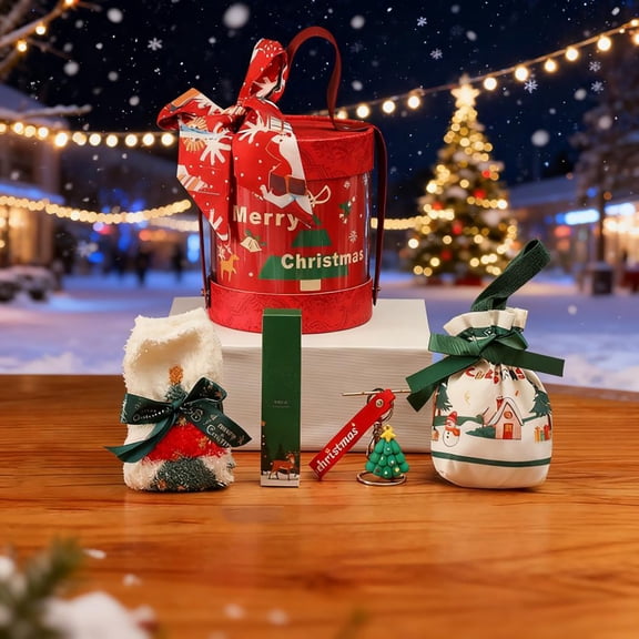 DAMAI Christmas Gift Set With Christmas Ribbon Christmas Socks, Christmas Tree Key Pendant And Candy Bag Winter Christmas Gifts For Adults Men Women