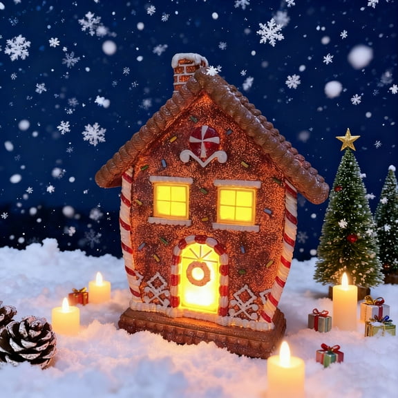 DAMAI Christmas Gingerbread House Decoration Xmas House Figurines with Light Winter Decor Handmade Polyresin Gingerbread House for Xmas Decor Gifts - Christmas Party Home Table Top Figurines