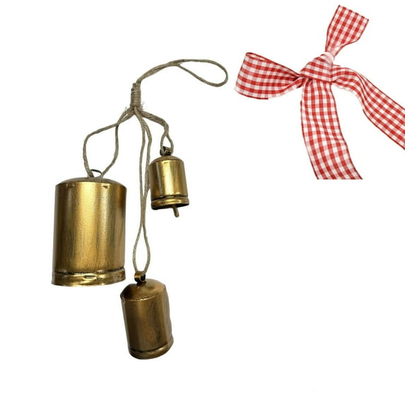 DAMAI Christmas Gold Metal Vintage Bells with Jute Hanging Rope, 3 Bells Rustic Cow with Jute Hanging Rope and Tie Bow Metal Hanging Bell for Door Garden Wreaths Home Decor