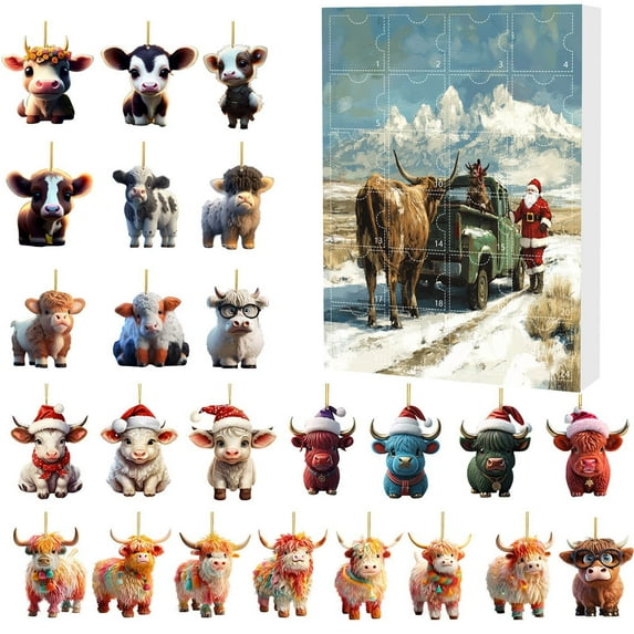 DAMAI Christmas Highland Cow Advent Calendar 2025, 24 Days Of Christmas Vacation Advent Calendar Pendant,Xmas Tree Cartoon Cow Decorative Ornament