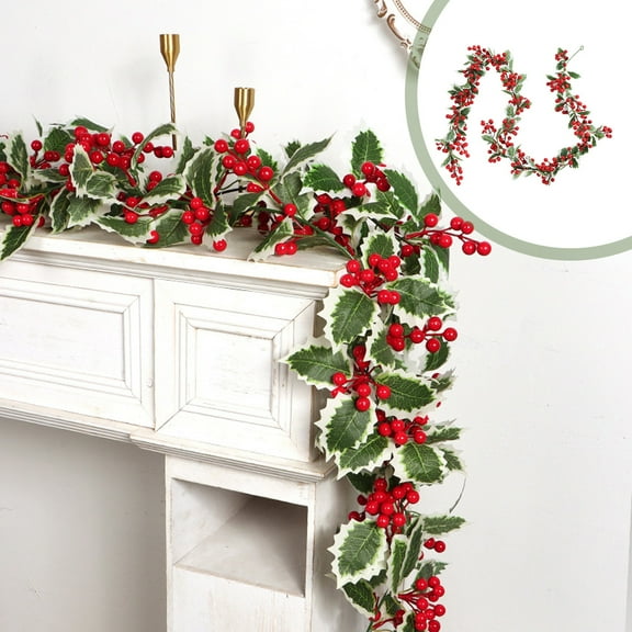 DAMAI Christmas Holly Berry Vine - 6 Ft Artificial Leaves, Festival Garland with Green Leaves Berries, Winter Bendable Berry Garland for Mantle Xmas Tree Window Door Hanging Holiday Decoration