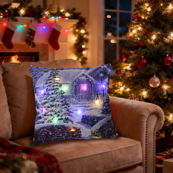 DAMAI Christmas LED Pillows Holiday Gifts, Flashing and Steady Two Mode Switching Printed Sofa Cushions with Battery Operated LED Effects, Pillowcases for Holiday Party Anniversary Decor