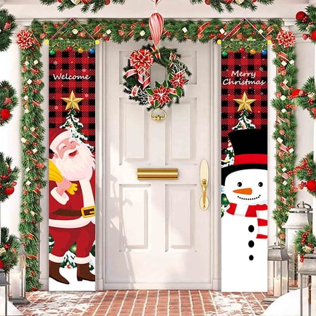 DAMAI Christmas Porch Signs for Front Door, 2 Pcs 71 x 12In Red Black Buffalo Plaid Door Banners,Christmas Decorations Merry Christmas Banners for Home Yard Indoor Outdoor Wall (Santa)