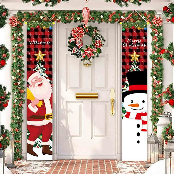 DAMAI Christmas Porch Signs for Front Door, 2 Pcs 71 x 12In Red Black Buffalo Plaid Door Banners,Christmas Decorations Merry Christmas Banners for Home Yard Indoor Outdoor Wall (Santa)