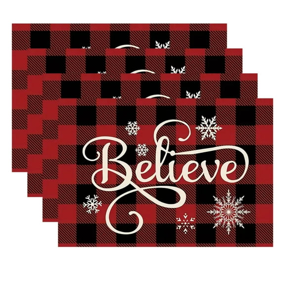 DAMAI Christmas Snowflake Placemats Set of 4, 12x18 In Vintage Washable Red Black Buffalo Seasonal Winter Xmas Table Mats, Winter Xmas Holiday Placemats Decoration for Home Dining Room Gifts