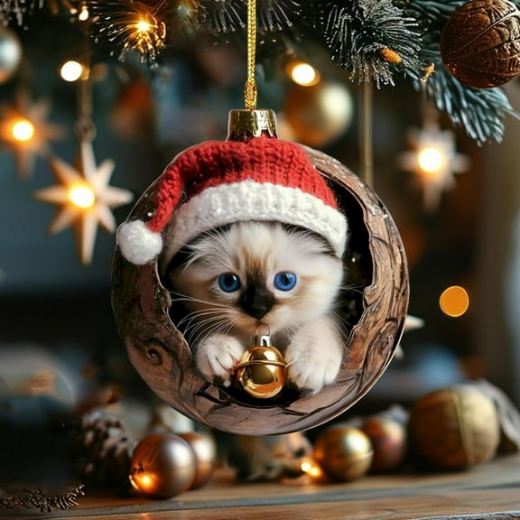 DAMAI Christmas Tree Ornaments, A Kitten in The Tree Hole 2D Acrylic Hanging Ornament With Holding a Bell, oliday Winter Home Decor Party Supplies