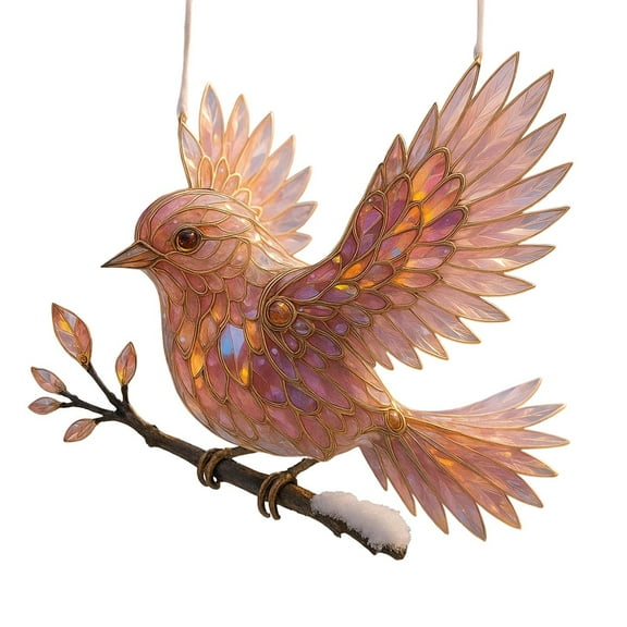 DAMAI Christmas Winter Spirit Bluebird on the Branches Pendant, Crystal Sky Bluebird Stained Art Ornament, 2D Flat Acrylic Blue Bird Crystal Suncatcher Window Decor(Orange)