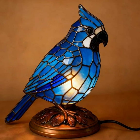 DAMAI Colorful Parrot Night Light - Handmade Stained Glass Bird Desk Lamp, Blue/Green/Yellow Finch & Parrot Design, Retro Night Light for Christmas Home Bedroom, Perfect Holiday Gift for Bird Lovers