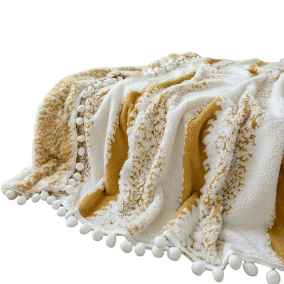 DAMAI Cozy Cloud Patterned Fleece Throw Blanket with Pom Pom Fringe,Double-Colored Jacquardweave Blanket,Super Soft Blanket,Warm Soft Blanket for Couch Bed Sofa Home Decor (Yellow,39x59 inch)