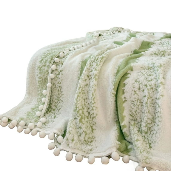 DAMAI Cozy Cloud Patterned Fleece Throw Blanket with Pom Pom Fringe,Double-Colored Jacquardweave Blanket,Super Soft Blanket,Warm Soft Blanket for Couch Bed Sofa Home Decor (Green,39x59 inch)
