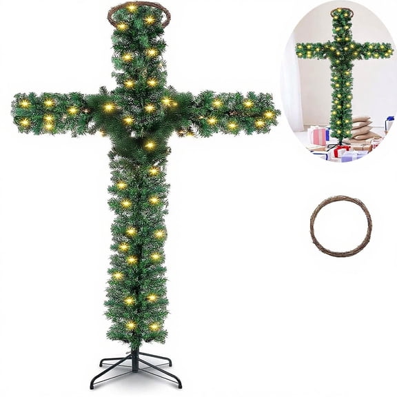 DAMAI Cross Christmas Tree,4.9 Ft Pre-Lit Artificial Pine Cross With LED Lights,Foldable Pre-Lit Artificial Pine Christmas Cross for Home Decor (4.9ft)