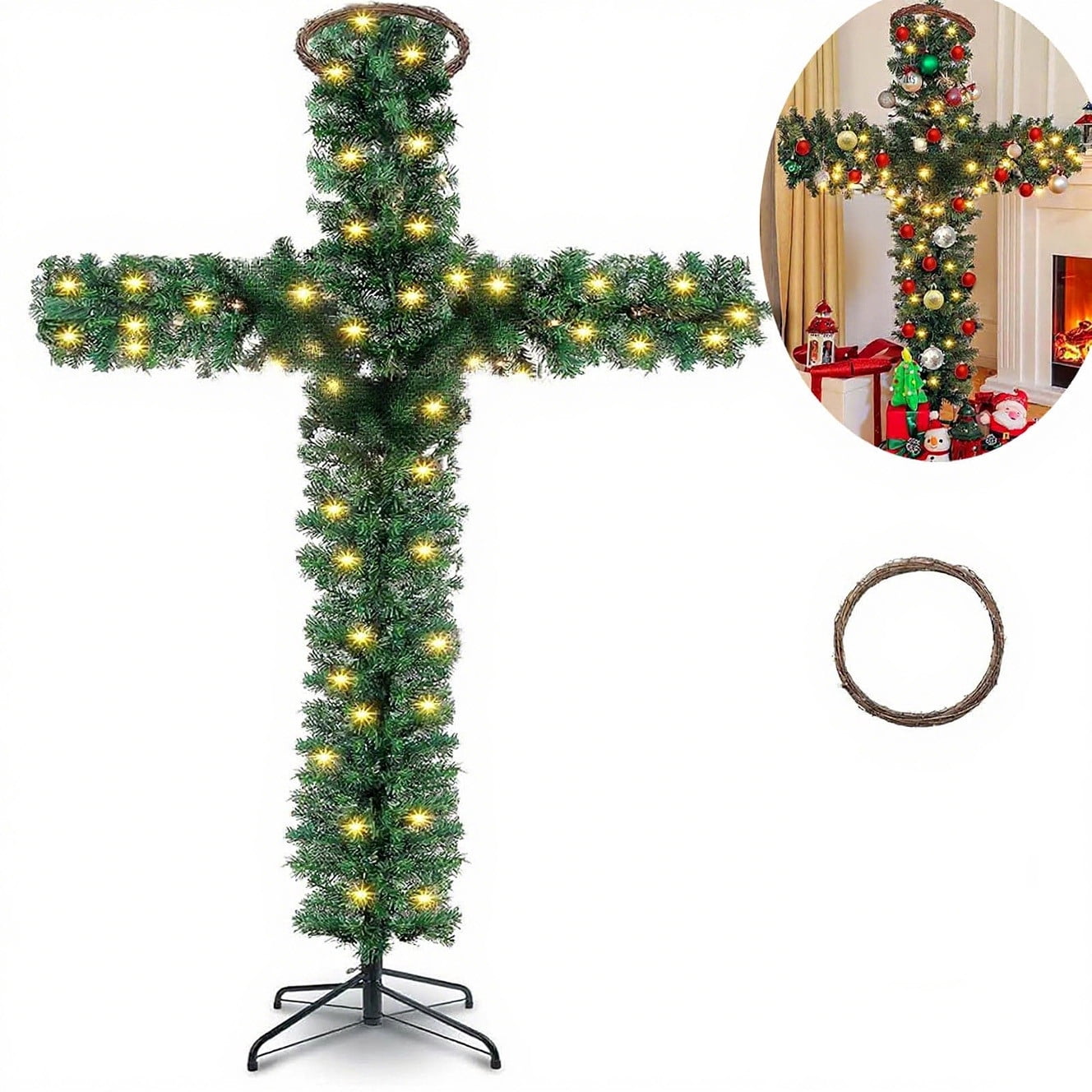 Crossmas Tree DAMAI Cross Christmas Tree, 5 Ft Pre-Lit Artificial Pine Cross With ...
