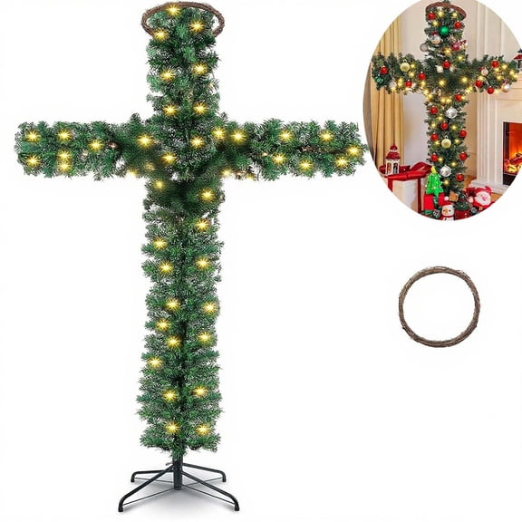 DAMAI Cross Christmas Tree, 5 Ft Pre-Lit Artificial Pine Cross With Warm White LED Lights, White Scarves and Wooden Rattan Ring, Foldable Cross Christmas Tree Ornaments (With LED Lights)
