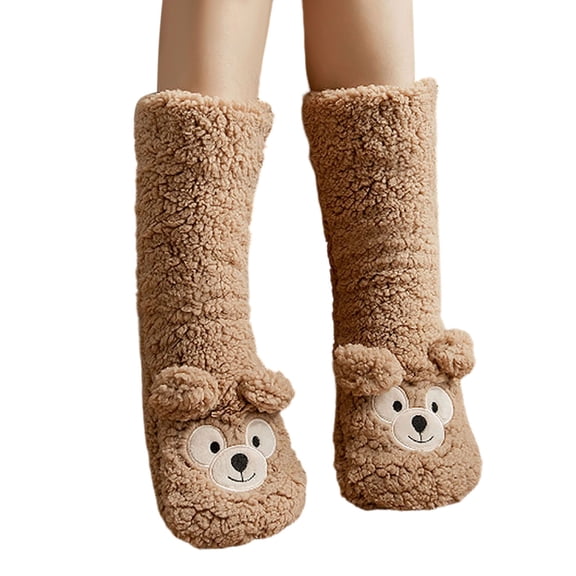 DAMAI Cute Fuzzy Socks with Bear Ears, Cozy Thick Coral Fleece Non-Slip Slipper Socks for Women 5-10 - Cute Bear Plush Fuzzy Warm Thermal Boot Socks for Winter, Indoor Floor Comfort