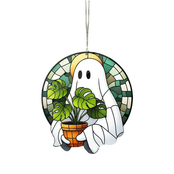 DAMAI Cute Ghost Sun Catcher Ornament,5.9in Halloween Ghost Monstera Acrylic Stained Glass Window Hanging Decor,Gothic Window Hanging Decoration for Wall Doors Garden Decor(A)