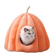 DAMAI Cute Pumpkin Style Cat Cave Bed Cat House Cat Tent with Removable Cushion Pillow, Soft Fluffy Faux Fur Cushion for Small, Medium Cats & Dogs,