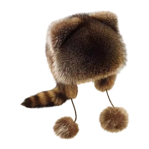 DAMAI Cute Raccoon Animal Ear Plush Hat, Faux Fur Animal Hat, Winter Earflap Russian Cap Warm Beanie Cap for Adult Women Cold Weather Outdoor