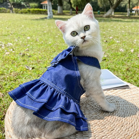 DAMAI Dog Cat Summer Clothes,Small Dog Cat Harness Dress,Cute Bowtie Dog Denim Dress,Puppy Girl Clothes and Cute Bow Knot Summer Cat Apparel with D-Ring Girl Dog Clothes(Medium, Denim 01)