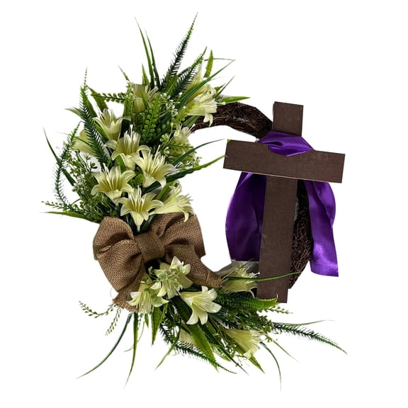 DAMAI Easter Cross Wreath with Burlap Bow, 13.7 Inch Spring Wreath with Liliaceous and Gauze, Farmhouse Vintage Colorful Happy Easter Door Hanger for Christian Holiday Home and Wall Decorations