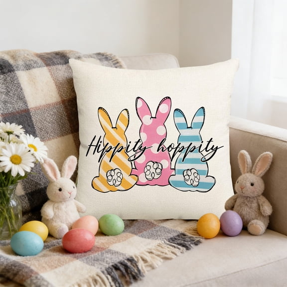 DAMAI Easter Floral Garland Bunny Throw Pillow Cover, 18x18 Double-Sided Eggs Bunny Spring Pillow Covers Case, Watercolor Pink Flower Decorative Throw Pillow Cases Farmhouse Decor for Sofa Couch Bed