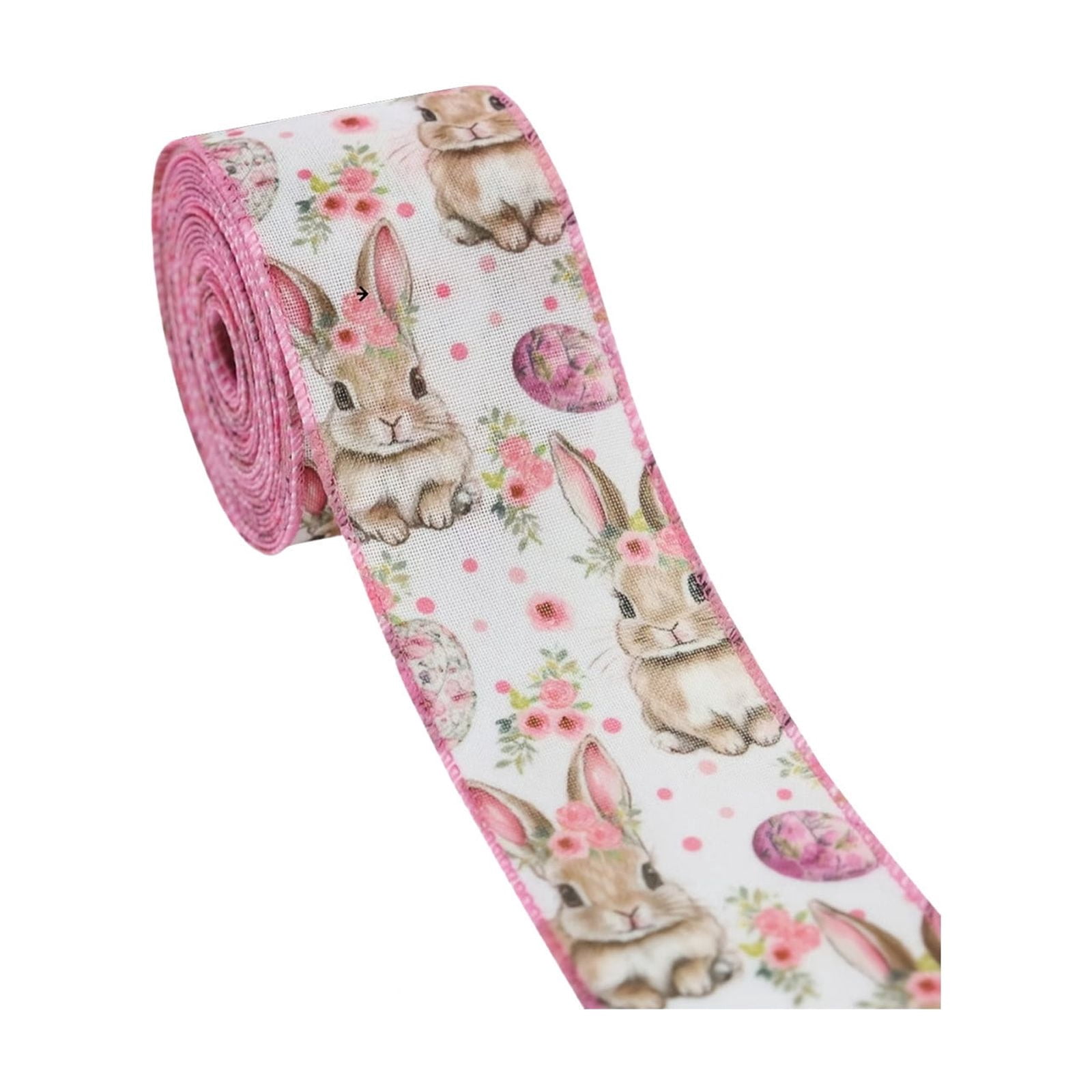 DAMAI Easter Wired Edge Ribbon Spring Floral Bunny Wired Ribbon Watercolor Easter Rabbit Flower Fabric Craft Ribbon for Gift Wrapping Floral Arrangement Wreath Bow DIY Crafts