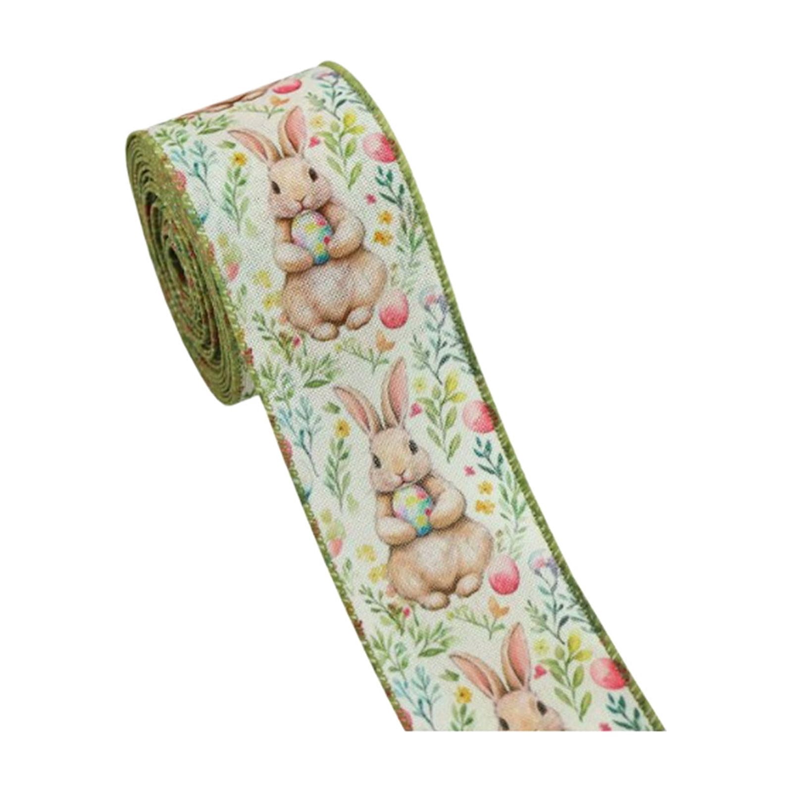 DAMAI Easter Wired Edge Ribbon Spring Floral Bunny Wired Ribbon Watercolor Easter Rabbit Flower Fabric Craft Ribbon for Gift Wrapping Floral Arrangement Wreath Bow DIY Crafts