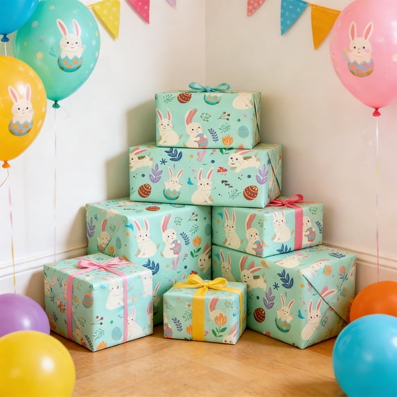 DAMAI Easter Wrapping Paper Roll, Cute Bunny with Egg& Flower Design, DIY Crafting Paper Bulk with Cute Bunny Easter Egg Pattern for Easter Spring Festival Gift Wrapping,19.7x27.6 inch