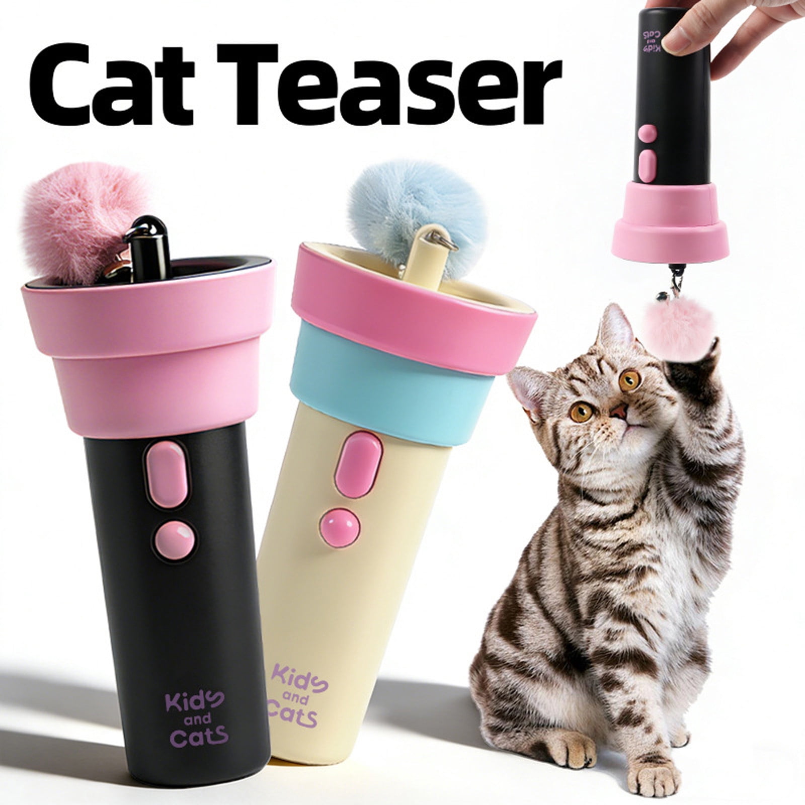 DAMAI Electric Cat Wand Toy with Telescopic Rope, Interactive Cat Toys for Indoor Cats, Fuzzy Ball Launchers Funny Cats Enrichment Toys
