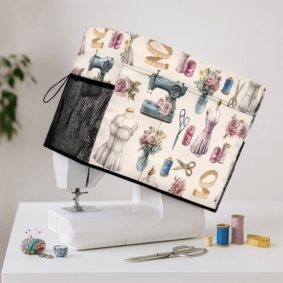 DAMAI Embroidered Floral Sewing Machine Cover with Storage Pockets, Quilted Dust Proof Protective Case for Most Standard Sewing Machine Foldable Sewing Machine Cover